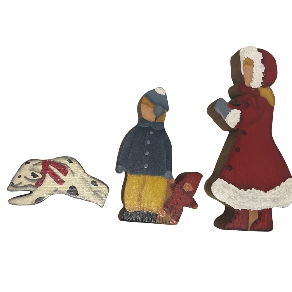 Hand painted‎ signed 6 piece wood Winter scene Snowman children Winter decor